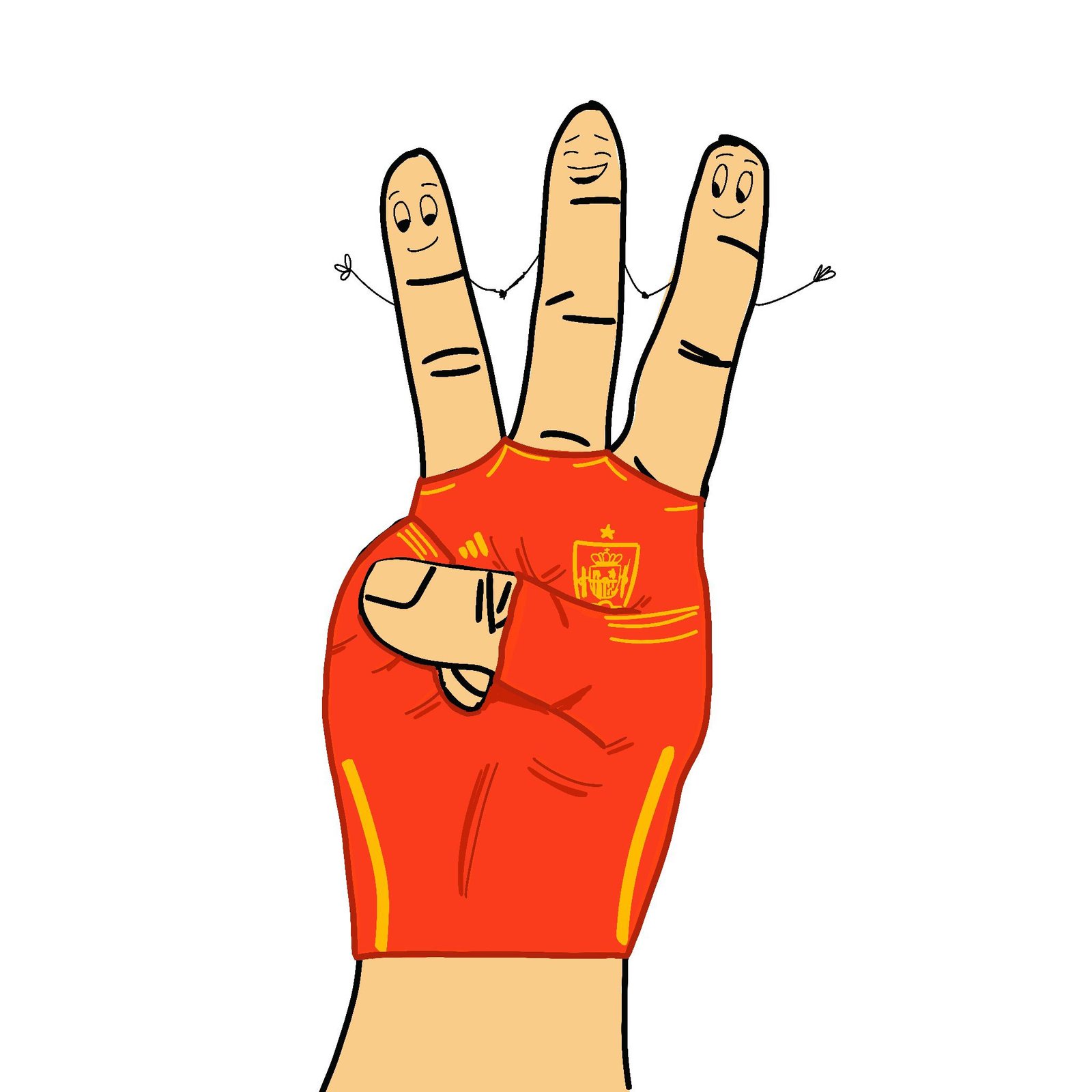 Foto de una mano con un guante de España enfundado y mostrando los 3 dedos centrales con una cara sonriente dibujada en ellos